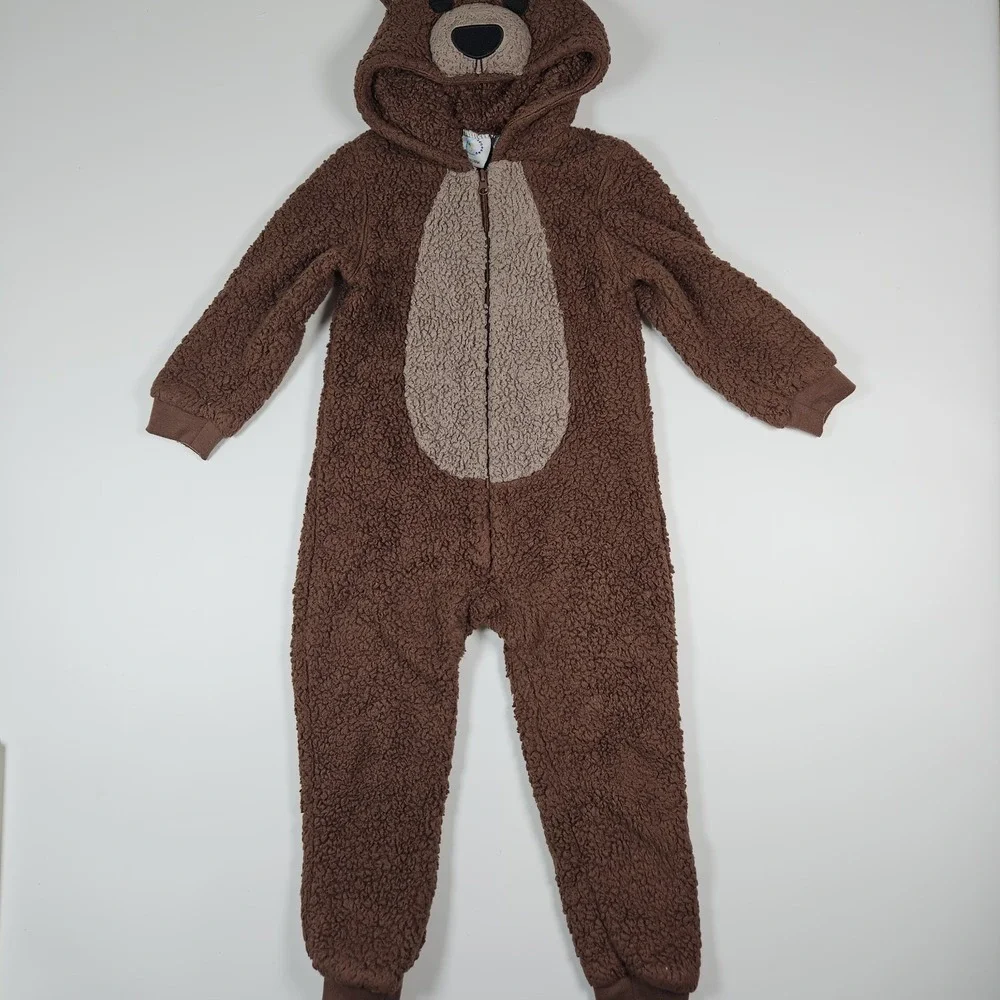 Sleep Brown Bear One Piece‎ Pajama Jumpsuit Hooded Costume Kids 6Y Union Suit